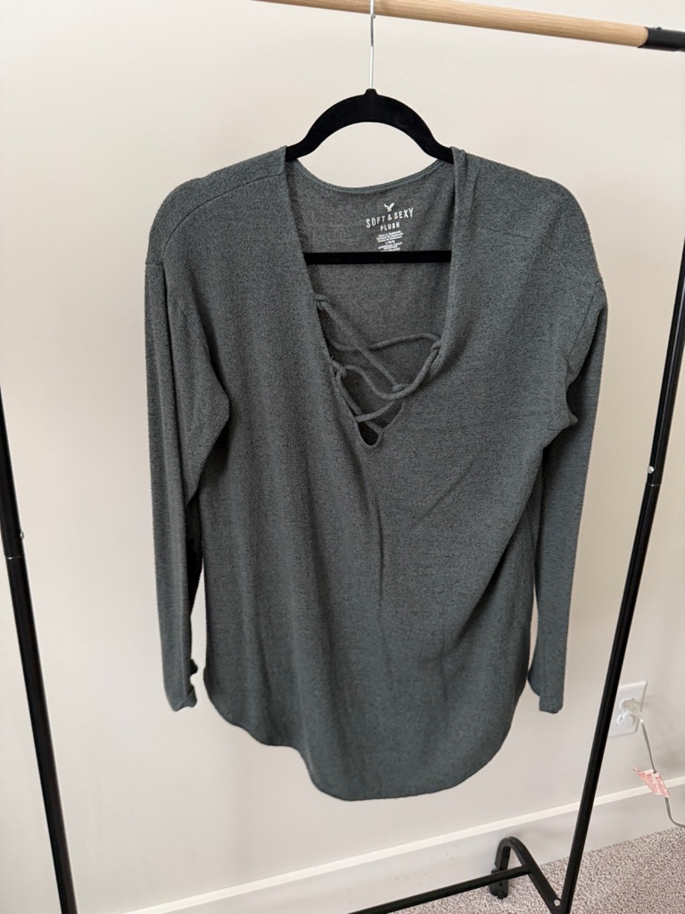 American Eagle Outfitters Lace-Up V-Neck Long Sleeve Top - Charcoal